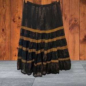 SK90) Multiples Women's Black Brown Boho Tiered Pullon  Midi Skirt Size SP